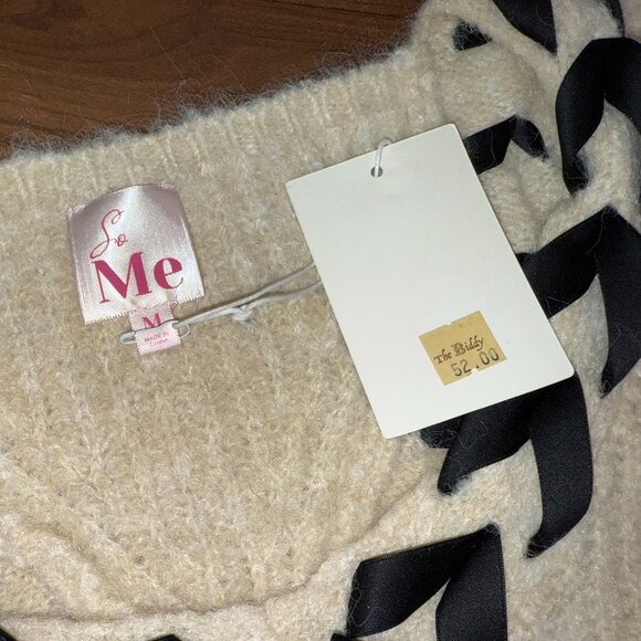 So Me Cream Sweater with Black Ribbon Detail | Women’s Medium | Soft Knit Lace-U - Picture 4 of 8